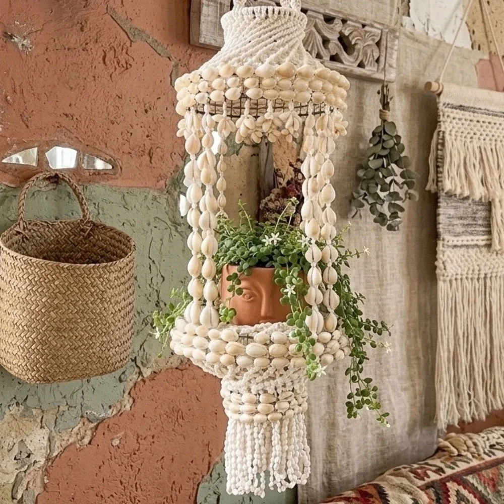 Vtg Cowrie Shell Hanging Plant Basket Boho Coastal Tiered‎ Seashell Hanger 1970s